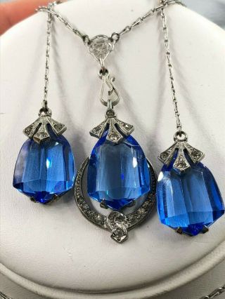 Antique Art Deco Set Necklace Drop Long Earrings Chandelier Radiant Blue Crystal