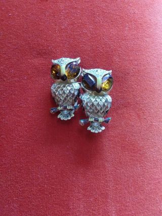 1940s Coro Craft Sterling Silver Rhinestone & Amber Owl Duette Fur Clip Brooch