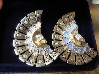 Two Vintage Crown Trifari Alfred Philippe Sterling Silver Moonstone Fur Clips