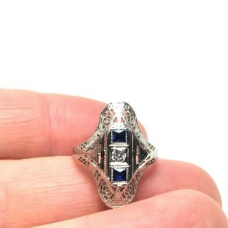 18k White Gold Art Deco Ring With Diamond And Sapphires Size 6
