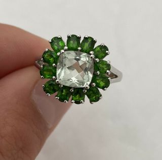 9ct White Gold Green Amethyst & Diopside Large Heavy Cluster Ring 9k 375.