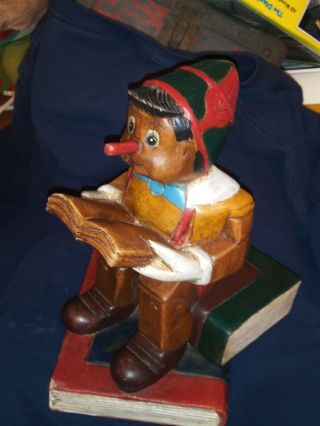 Vintage Rare Carved Wood Pinocchio Statue Sitting On Books Reading