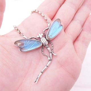 Solid Silver Large Art Deco Period Butterfly Wing Dragonfly Pendant On Chain,  925