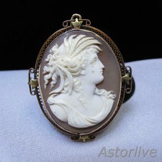 10k Rose Gold Carved Shell Goddess Cameo Brooch Pendant 40mm X 48mm 12.  2g A625