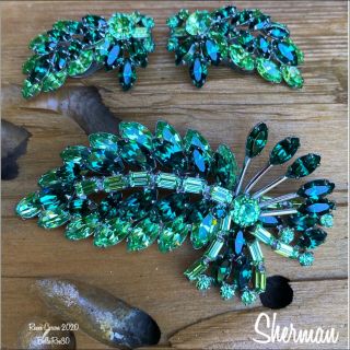 Sherman “leaf” Brooch/earrings Emerald,  Peridot Glows Under Black Light