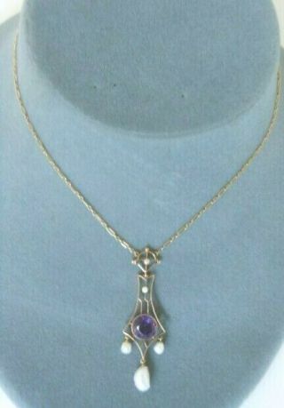 Estate Find: 14k Gold Necklace With Pearls And Purple Stone Pendant,  4.  21 Grams