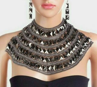 Courreges Hematite Square Resin Crystal Encrusted Mesh Necklace Only