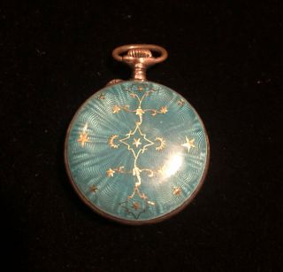 Art Deco Ladies Guilloche Enamel Pocket Watch /pendant Stars & Moon Sky Blue