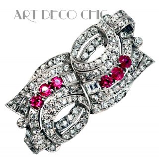 French Art Deco Sterling Silver Ruby & Diamante Paste Double Clip Brooch / Pin