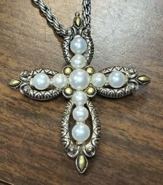 Barbara Bixby 18k Gold & Sterling Silver & Pearls Religious Cross & Necklace