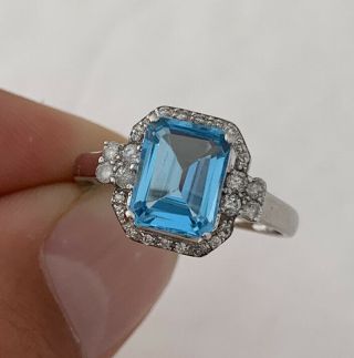 9ct White Gold Emerald Cut Blue Topaz & Diamond Art Deco Design Cluster Ring,  9k