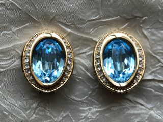 Vintage French Luxury Dior Earrings - Blue Crystal,  Gilt Metal 2.  5cm