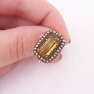9ct Gold Natural Seed Pearl Citrine Coloured Paste Set Ring,  Georgian