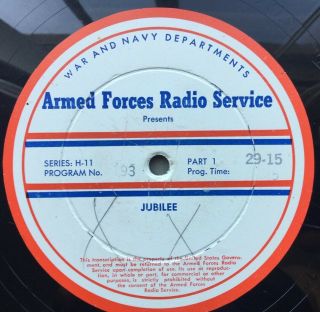 16 - Inch Transcription 33rpm Armed Forces Radio Services “jubilee”