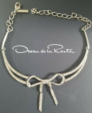 Oscar De La Renta Crystal Bow Necklace In The Box With Bag Retail $650