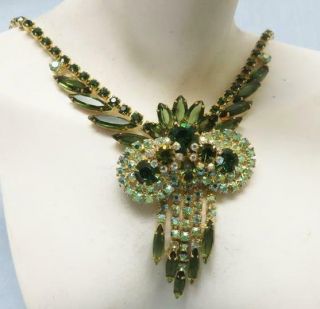 Vintage Verified Juliana Green And Clear Rhinestone Necklace,  Book Piece