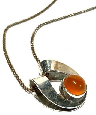 Kultaseppa Salovaaa Finland Sterling Silver Amber Modernist Pendant Necklace
