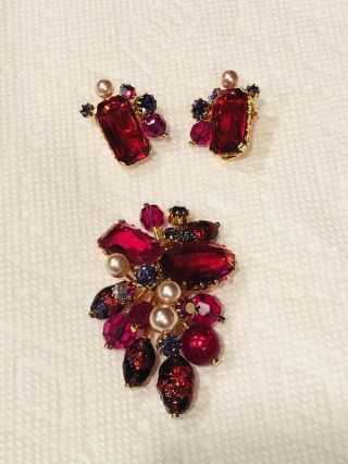 Vtg Kramer Of York Red Pink Purple Rhinestone Pearl Earrings Brooch Pin Set