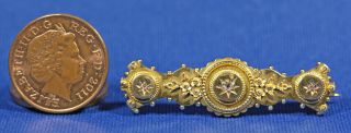 15 Carat Gold Etruscan Revival Style Brooch Set With 3 Small Rose Cut Diamonds