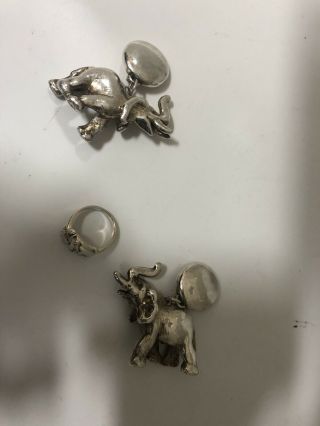 Vintage Susan Cummings Elephant Clip - On Earrings - Sterling Silver And Ring Set