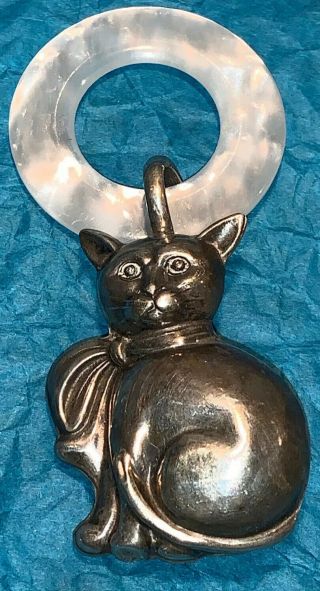Estate Vintage 1920’s Sterling Silver Mother Of Pearl Cat Baby Rattle 17.  5g