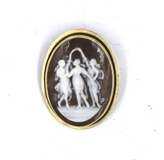 Antique Victorian Three Graces Shell Cameo Pin Brooch Pendant 14k Yellow Gold
