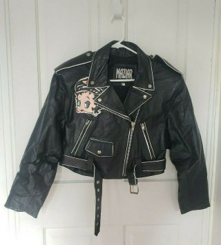 Vintage Betty Boop Motorcycle Biker Leather Jacket Crop Top Womans Xl