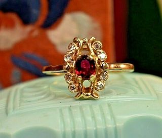 Estate Vintage 14k Yellow Gold Natural Garnet Diamond Ring Sz 8.  5