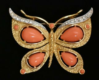 Vintage Crown Trifari Faux Coral Cabochon & Rhinestone Butterfly Brooch