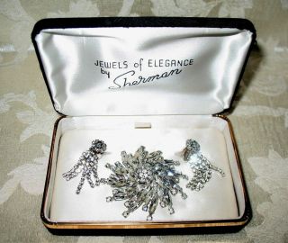 Sherman Jewels Of Elegance - Signed Brooch & Earrings In Clear Ice Coloring