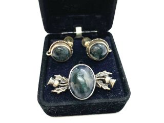 Antique Victorian Sterling Silver Moss Agate Bar Brooch & Screw - Back Earrings