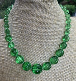 Vintage Art Deco Czech Bohemian Green Uranium Melon Glass Bead Necklace