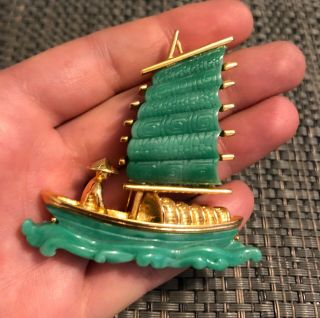 Rare Vintage Signed Hattie Carnegie Faux Jade Asian Junk Boat Brooch Pin