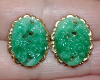 In Honor Of Ruth Bader Ginsburg Green Jade Molded Flower Oval 20mm Stud Earrings