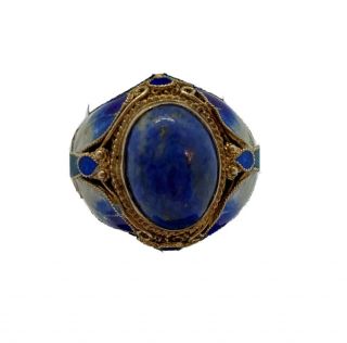 Antique Vintage Deco Sterling Silver Chinese Lapis Enamel Ring Sz 8 Sizable