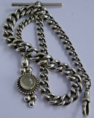 Fabulous Victorian Solid Silver Pocket Watch Albert Chain & Fob Set Moonstone