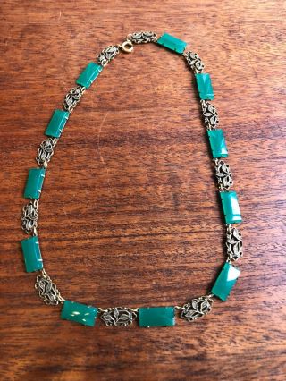 Vintage Art Deco Czech Green Glass Open Back Brass Filigree Necklace