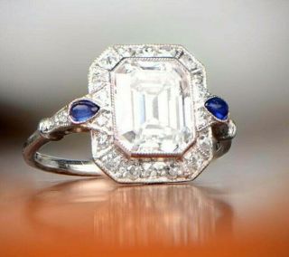 Vintage Ring Engagement Wedding Ring 2.  65 Ct Emerald Diamond 14k White Gold Over
