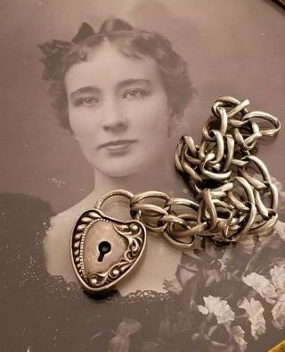 Antique Sterling Silver Repousse Heart Padlock & Bracelet No Key Pat Jan 31 1899