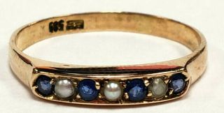 Victorian 14k Yellow Gold Fine Blue Sapphire Doublet Seed Pearl Size 7 Band Ring