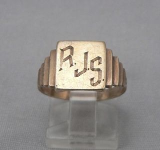 C1951 Vintage Art Deco 10k Gold Signet Ring Rjs Monogram 3.  1 Grams Size 8