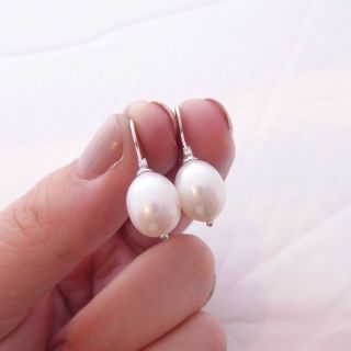 9ct White Gold Diamond & Large Cultured Pearl Drop Earrings,  9k 375