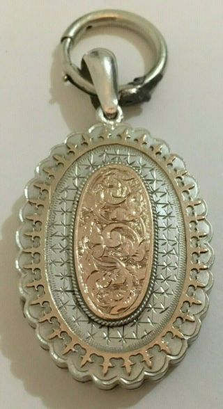 Antique Victorian English Sterling Silver Locket With Etched Gold Insert