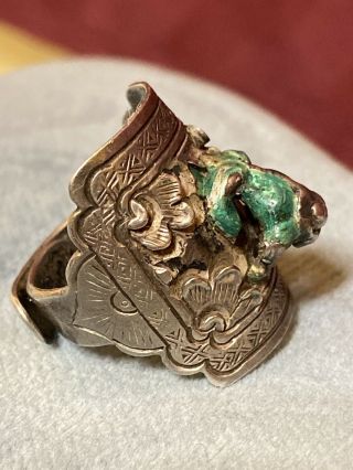 Rare Vintage Gilt On Sterling Silver Enamel Chinese Export Frog Adjustable Ring