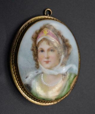 Antique Victorian Hand Painted Womans Portrait Porcelain Pin/brooch Star Scarf