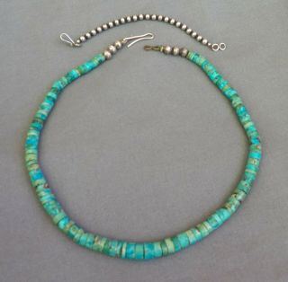 Vintage Native American Turquoise Heishi Necklace With Sterling Bead Extender