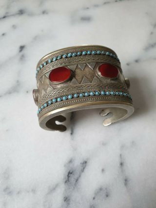 Antique Tuareg Silver Cuff With Turquoise And Carnelian.  Huge Bracelet.
