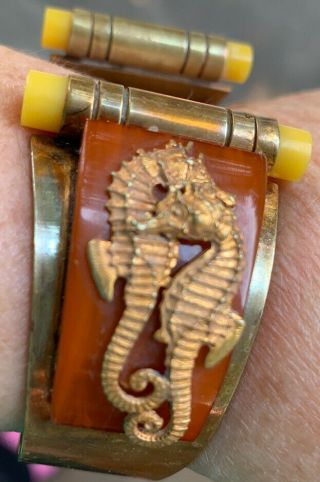 1930’s French Art Deco Bakelite & Brass Cuff W Seahorses - By Jean Painleve