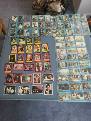 1977 Topps Star Wars 1st Series Blue Card Set (- 1 Card).  Plus 28 Stickers
