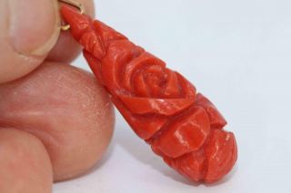 Lovely Antique Edwardian/art Deco Carved Coral & 9ct Gold Torpedo Pendant Charm